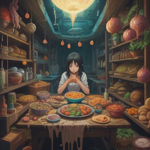 A surreal illustration depicting the spiritual meaning of loss of appetite, ethereal and dreamlike atmosphere, a figure surrounded by fading food items, symbolic representations of emptiness and dissatisfaction, soft light filtering through a mist, abstract elements representing spiritual struggle, 4k