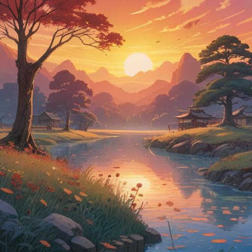 A serene and ethereal illustration, a tranquil landscape with soft, flowing elements, symbolic representations of change and enlightenment, warm light breaking through the clouds, a figure meditating under a tree, surrounded by gentle spirits, soothing colors, harmonious atmosphere, 4k