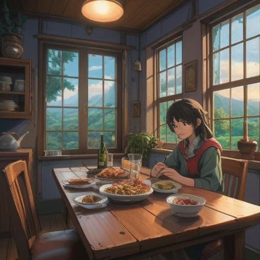 A serene and contemplative scene, subtle hues, a person sitting alone at a dining table, untouched plate of food, distant window with soft light filtering through, expression of introspection and concern, ethereal aura surrounding the figure, symbolic representations of spiritual signs like feathers and light orbs, peaceful atmosphere, evocative imagery, 4k