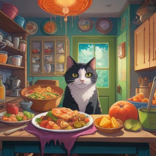 A whimsical illustration of a person staring at a plate of uneaten food, colorful food items, a playful cat nearby, bright kitchen setting, soft sunlight filtering through the window, a thought bubble showing dreamlike images of delicious meals, slightly melancholic yet hopeful atmosphere, inviting and comforting vibe, 4k