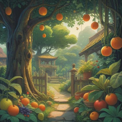 A serene and harmonious illustration, depicting a lush garden filled with vibrant fruits and vegetables, ethereal light filtering through the trees, symbols of nourishment and abundance, a meditative figure enjoying the bounty, connections between nature and spirituality, tranquil atmosphere, 4k