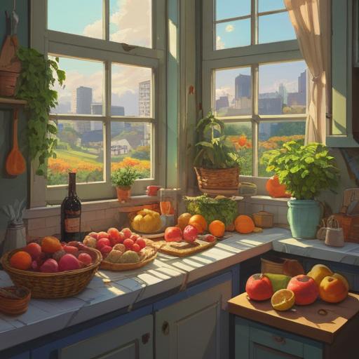 A vibrant and inviting still life, colorful assortment of fresh fruits and vegetables, sunlight streaming through a kitchen window, harmonious composition, subtle spiritual motifs, warm and welcoming atmosphere, rich textures, 4k