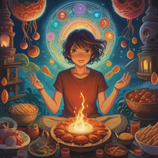 A vibrant illustration depicting a person experiencing an unexpected surge of appetite, surrounded by symbolic spiritual signs such as glowing chakras, ethereal food items floating in the air, colorful auras, serene background of nature, hints of mindfulness and self-awareness, rich colors, mystical atmosphere, engaging character expression, 4k