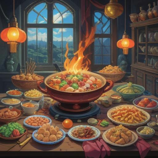 A vibrant scene depicting a table filled with colorful and delicious lucky foods, inviting aromas wafting through the air, a variety of dishes representing different cultures, bright fruits, sumptuous desserts, gleaming beverages, cheerful ambiance, people joyfully enjoying their meals, 4k