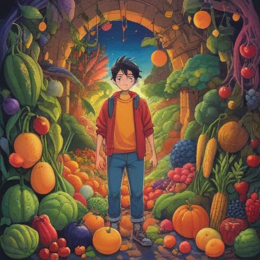 A vibrant illustration of a person surrounded by an abundance of colorful fruits and vegetables, representing physical health and satisfaction, glowing aura radiating from them, serene facial expression showcasing fulfillment, rich textures detailing the food, harmonious colors reflecting vitality, ethereal background evoking a sense of spirituality, 4k
