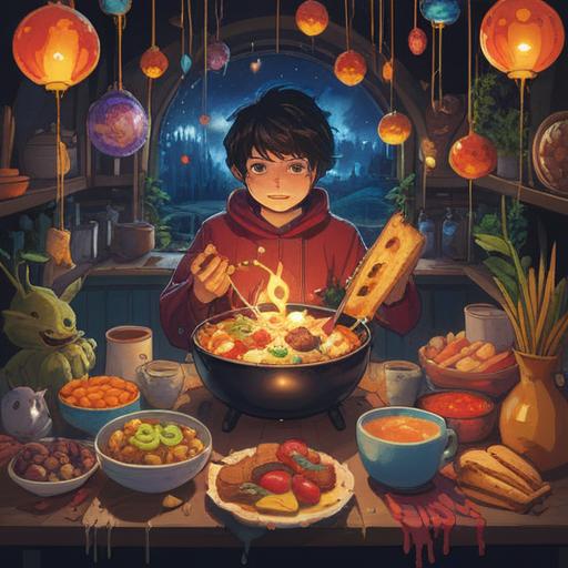 A vibrant and colorful illustration depicting a person joyfully enjoying a variety of delicious foods, surrounded by glowing light and symbols of abundance, conveying a sense of spiritual fulfillment, vibrant energy emanating from the food, serene expressions, lush nature in the background, harmonious and uplifting atmosphere, 4k