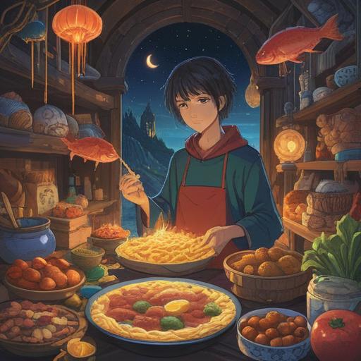 A vibrant illustration depicting a person surrounded by various foods, glowing symbols of spirituality in the background, a serene aura, signs such as feathers or feathers representing messages from the universe, a rich color palette emphasizing abundance, soft lighting creating a warm atmosphere, detailed expressions showcasing curiosity and awareness, 4k