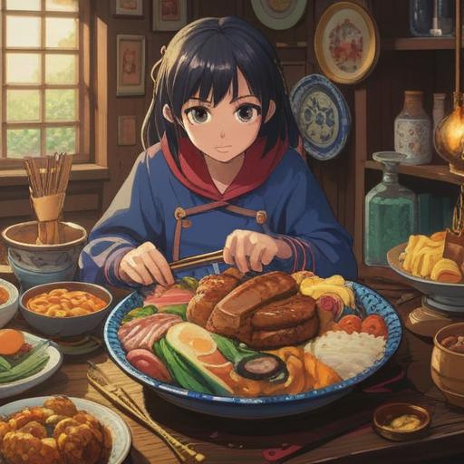 A vibrant and engaging illustration of a lucky charm for enhancing appetite, featuring a colorful plate of delicious food, surrounded by various lucky items like a four-leaf clover, a rabbit's foot, and a horseshoe, set on a wooden dining table, warm and inviting atmosphere, harmonious composition, 4k