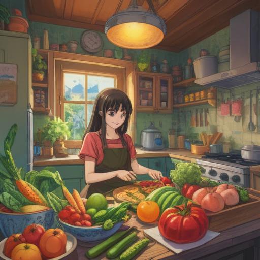 A vibrant illustration of a healthy kitchen, fresh fruits and vegetables beautifully arranged, a person enjoying a colorful meal, sunlight streaming through a window, a cozy and inviting atmosphere, inspiring healthy eating habits, warm colors, detailed textures, 4k
