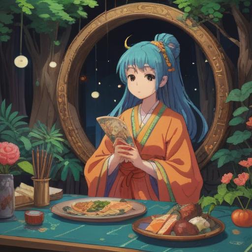 A serene and mystical scene depicting the spiritual meanings of appetite and drowsiness, a tranquil setting with a meditative figure surrounded by vibrant fruits and soft pillows, ethereal light illuminating the space, symbols of nourishment and rest harmonizing together, dreamlike atmosphere, peaceful expressions, rich colors, 4k