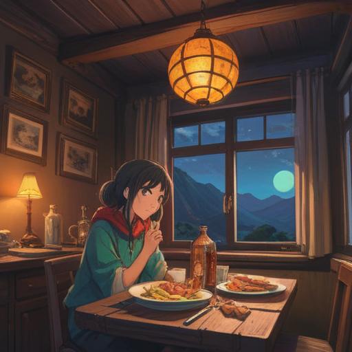 A serene and contemplative scene, a cozy dining table filled with delicious, colorful food, a person resting their head on their arms, soft natural light filtering through a window, gentle ambiance, a sense of peace and introspection, symbolic elements representing spirituality, dreams, and nourishment, harmonious colors, calming atmosphere, 4k