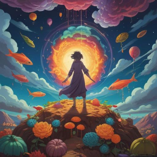 A mystical illustration depicting a person surrounded by floating food items and dream-like clouds, vibrant colors, glowing aura, representing hunger and drowsiness, ethereal entities hinting at spiritual signs, intricate details, soothing atmosphere, introspective mood, 4k
