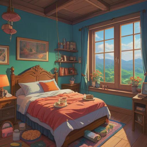 A whimsical illustration of a cozy room filled with snacks and a comfortable bed, soft afternoon light streaming through the window, a sleepy character surrounded by treats, plush pillows and blankets, a sense of relaxation and indulgence, warm color palette, charming details, inviting atmosphere, 4k