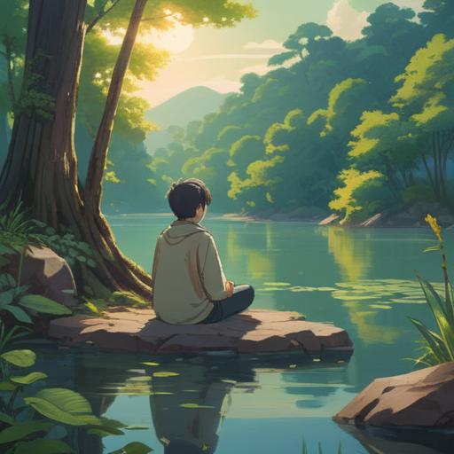 A serene and tranquil scene depicting a person meditating by a calm lake, surrounded by lush greenery, soft sunlight filtering through the trees, a gentle breeze creating ripples on the water, symbols of balance and harmony in the air, peaceful expression on the person's face, emphasis on mindfulness and relaxation, nature's beauty enhancing inner peace, vibrant colors, high definition