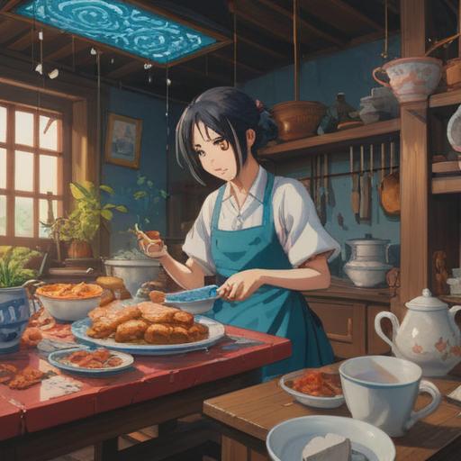 A serene and contemplative scene depicting the act of breaking dishes, symbolic of transformation and renewal, shattered porcelain pieces gently scattering across a peaceful landscape, soft light illuminating fragments, a meditative figure observing the process, the essence of letting go and embracing change, 4k