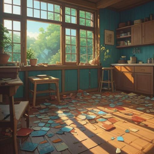 A serene and symbolic illustration of broken dishes scattered on a wooden floor, rays of sunlight streaming through a window illuminating the shards, delicate flowers growing between the fragments, representing transformation and renewal, a peaceful ambiance, whispers of ancient wisdom in the air, intricate details in the broken ceramic patterns, 4k