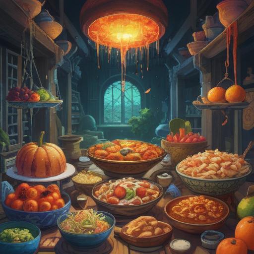 A surreal illustration depicting the transformation of food preferences, vibrant colors, symbolic elements representing spiritual growth, varied dishes reflecting emotional states, a mystical background with ethereal motifs, a person contemplating their changing tastes, harmony between food and spirituality, dreamlike atmosphere, 4k