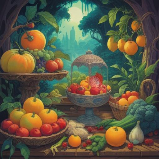 A serene and mystical scene depicting the transformation of food preferences as a spiritual journey, vibrant fruits and vegetables representing growth and change, a person meditating in nature surrounded by colorful food symbols, gentle light illuminating the surroundings, harmony between body and spirit, 4k