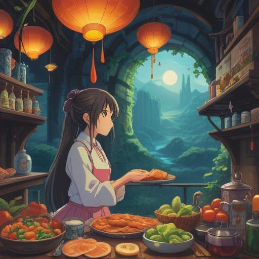 A serene landscape featuring a diverse array of food items symbolizing change, ethereal light shining down, vibrant colors, a person contemplating their food choices, subtle spiritual symbols in the background, nature elements representing transformation, peaceful ambiance, 4k