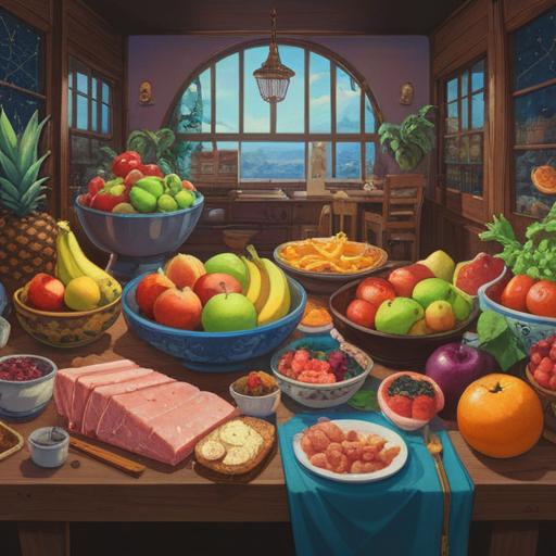 A vibrant illustration of diverse lucky foods that symbolize changing food preferences, colorful fruits, various traditional dishes, an inviting table setting, cheerful atmosphere, whimsical elements, enchanting background, 4k