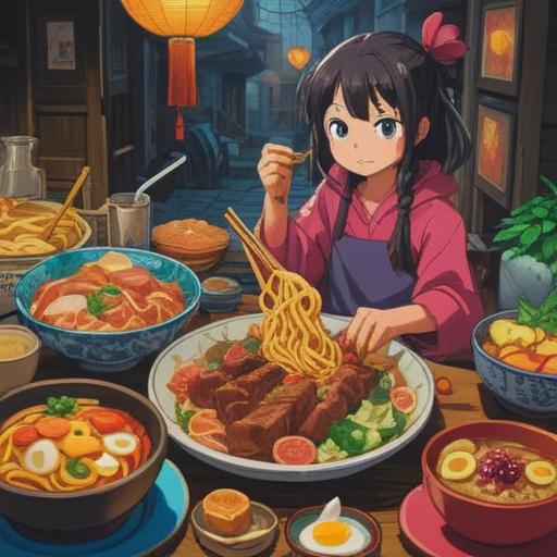 A vibrant culinary scene, showcasing a colorful plate of lucky foods, symbolic elements representing self-discovery, diverse cultural dishes like noodles, fruits, and herbs, enchanting atmosphere, warm lighting, inviting textures, a character joyfully exploring their identity through food, 4k