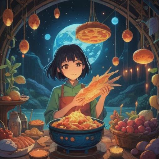 A serene and magical scene, a person receiving food with gratitude, glowing symbols of abundance around them, ethereal light illuminating the moment, warm colors depicting a sense of peace, nature elements enhancing the spirituality, uplifting atmosphere, 4k