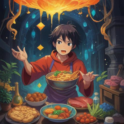 A mystical scene depicting a person receiving food, surrounded by ethereal light, symbolic signs appearing in the air, an aura of caution and awareness, elements of nature interacting with the gesture, vibrant colors, spiritual energy flowing, serene atmosphere, intricate details in the surroundings, 4k