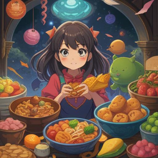 A whimsical illustration of a character receiving a colorful lucky charm shaped like a food item, vibrant colors, cheerful atmosphere, surrounded by sparkling magic, joy on the character's face, emphasizing hope and positive change, enchanting details, 4k