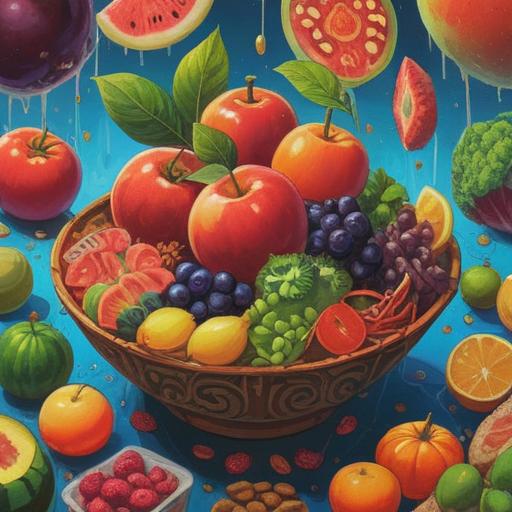 A vibrant illustration of various foods, bright colors, emphasizing fruits, vegetables, whole grains, symbolizing energy, dynamic movement, people enjoying meals together, reflections of vitality and health, 4k