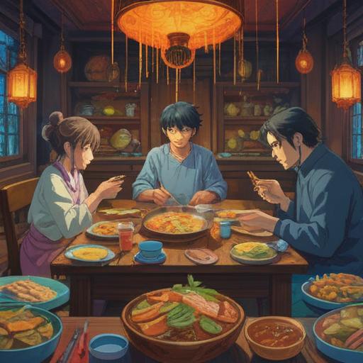 A mystical scene depicting the spiritual transformation of food preferences, vibrant colors, ethereal energy surrounding a table filled with diverse cuisines, glowing symbols representing change, a serene figure contemplating the significance of food, elements of nature harmonizing with the setting, dreamlike atmosphere, 4k