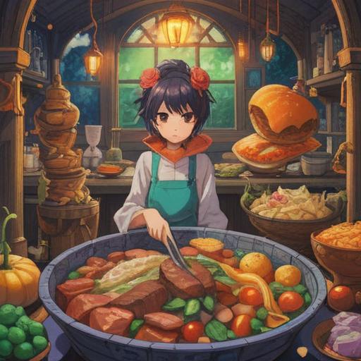 A symbolic representation of changing food preferences, vibrant imagery, diverse dishes reflecting various cuisines, interconnected paths of personal growth, a serene atmosphere, glowing light representing spiritual awakening, elements of nature symbolizing transformation, colorful fusion of flavors, 4k