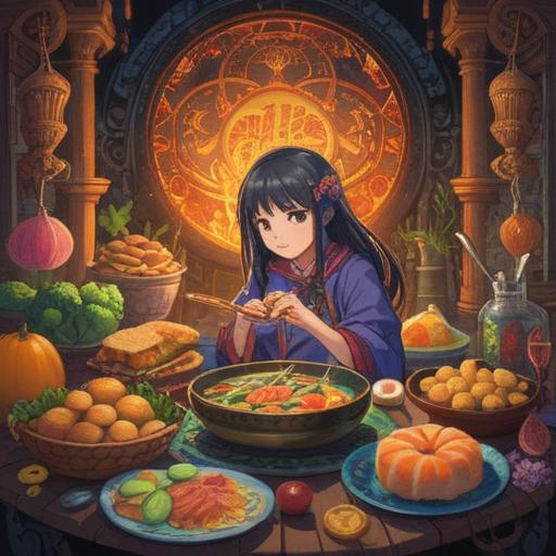 A mystical illustration depicting food preferences changing, spiritual signs represented through symbols, a mindful figure observing the transformation, vibrant colors reflecting emotions, ethereal elements like shimmering auras, a serene environment, symbolic representations of growth and change, harmonious balance, 4k