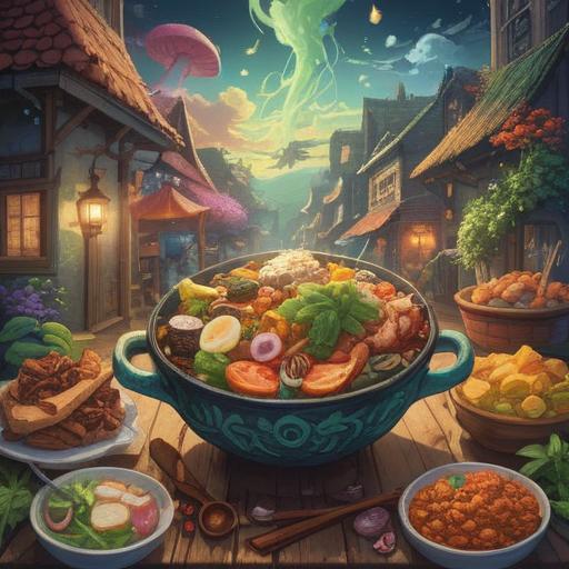 A whimsical illustration of fragrant herbs and spices swirling in the air, depicting various iconic foods transforming, vibrant colors, a dreamy atmosphere, aromatic steam rising, an enchanted kitchen scene, magical elements, enchanting flavors, 4k