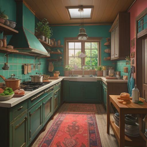 A serene kitchen scene, vibrant and inviting colors, steaming dishes showcasing various cuisines, aromatic herbs and spices displayed prominently, soft light filtering through a window, rich textures of foods and utensils, warm interaction among family members, olfactory sensations depicted visually, 4k