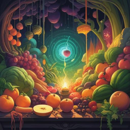 A vibrant illustration depicting the spiritual significance of food and energy, colorful fruits and vegetables radiating warmth, energy flow represented by glowing auras, interconnectedness of nature and sustenance, ethereal background with swirling patterns, harmony between mind and body, serene atmosphere, 4k