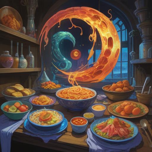 A vibrant and colorful depiction of various foods radiating energy, mystical symbols surrounding the dishes, glowing aura representing spiritual nourishment, harmonious elements blending natural ingredients, inviting textures and colors, uplifting atmosphere, contrast of light and shadow emphasizing vitality, 4k