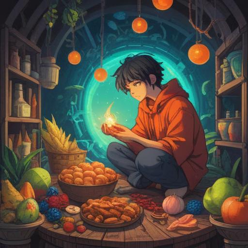 A serene, thought-provoking scene depicting a person contemplating various foods in a tranquil setting, symbols of spirituality such as chakras or auras subtly integrated, a vibrant table filled with diverse healthy foods, the individual displaying a thoughtful expression, surrounded by nature, soft light filtering through trees, conveying a sense of mindfulness, 4k