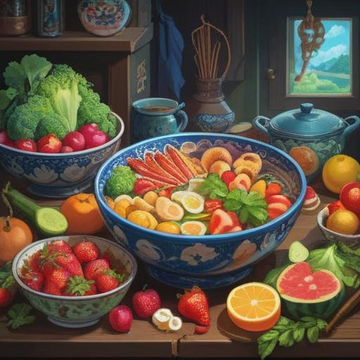 A vibrant illustration of a variety of lucky foods, showcasing traditional dishes believed to bring good fortune, colorful fruits and vegetables, decorative plates, cultural symbols of luck, energetic atmosphere, inviting presentation, rich textures, 4k