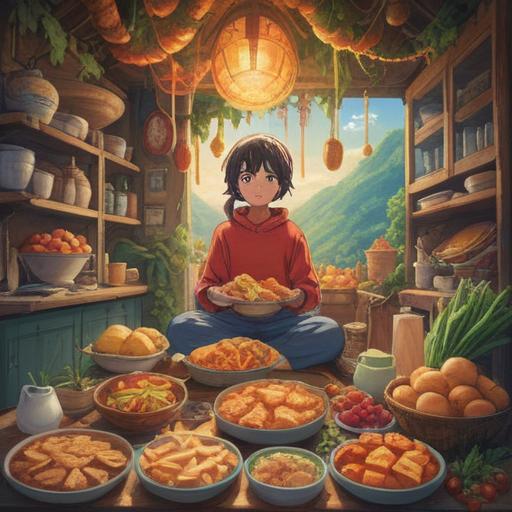 A serene and introspective illustration of a person surrounded by an abundance of food, ethereal light illuminating the scene, symbolic representations of gluttony and spirituality, vibrant colors conveying emotions of indulgence and reflection, lush textures and intricate details, a sense of harmony between body and spirit, peaceful expression, 4k