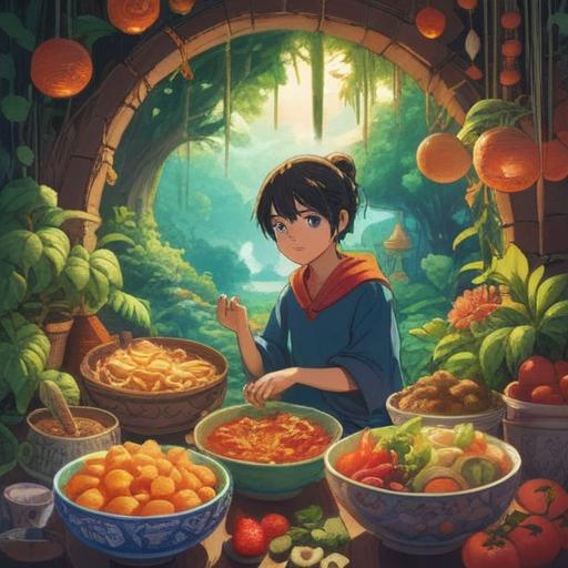 A serene illustration of a person surrounded by nature, overflowing bowls of food symbolizing abundance, vibrant colors, soft natural light, a peaceful expression on their face, elements of spirituality represented by ethereal light, harmonious atmosphere, detailed textures of food, 4k