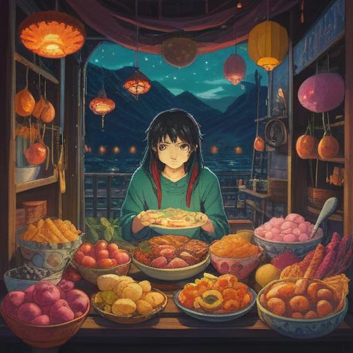 A mystical scene depicting a person surrounded by abundant food, vibrant colors, subtle spiritual symbols in the background, an ethereal glow, an intuitive expression on the person's face, a feeling of overindulgence and caution, lush textures of various dishes, thought-provoking atmosphere, 4k
