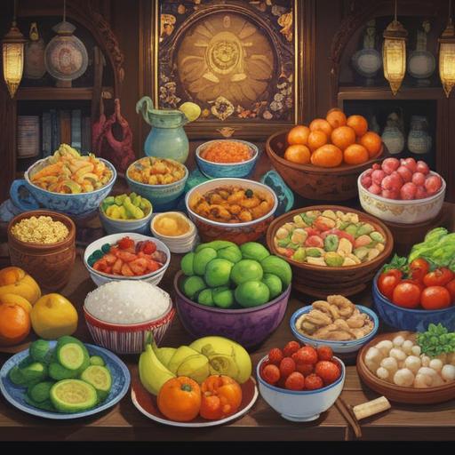 A vibrant illustration of a table filled with various lucky foods, colorful fruits and vegetables, traditional dishes from different cultures, a warm and inviting atmosphere, people happily sharing food, symbols of good fortune like fortune cookies and grapes, bright colors, detailed textures, 4k