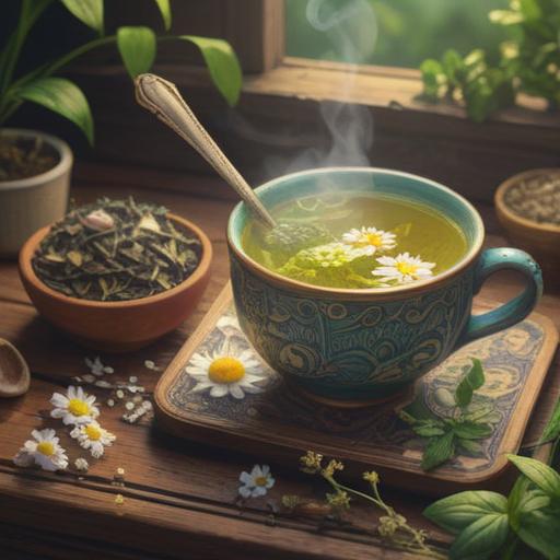 A serene and calming scene of a steaming herbal tea cup on a wooden table, surrounded by fresh herbs like chamomile and peppermint, a gentle breeze rustling through green leaves, sunlight filtering through a window, inviting atmosphere of relaxation and rejuvenation, delicate steam rising from the cup, warm earth tones, peaceful ambiance, 4k