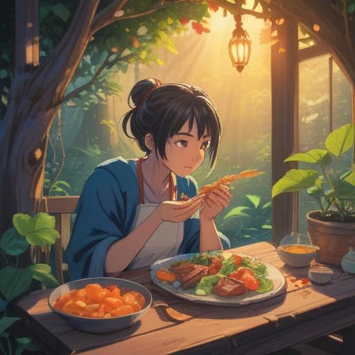 A serene illustration depicting a person experiencing a moment of mindful eating, surrounded by soft, ethereal light, gentle nature elements, a small, beautifully presented meal before them, subtle symbols of spiritual growth and transformation, calm expression, reflecting on their journey, harmonious colors, tranquil atmosphere, 4k