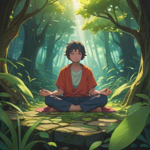 A serene scene depicting a person meditating in a tranquil environment, surrounded by nature, soft sunlight filtering through leaves, a sense of inner peace and clarity, symbols of spiritual growth and mindfulness, contrasting empty plates and a balanced meal in the foreground, a gentle breeze rustling the leaves, harmonious colors, 4k