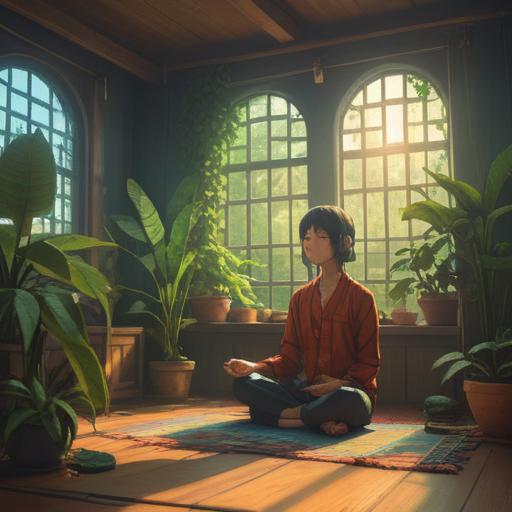 A serene lifestyle scene, a person meditating in a tranquil room, sunlight streaming through large windows, plants and natural elements surrounding, gentle ambiance, focus on mindfulness and wellness, harmonious atmosphere, soothing colors, 4k