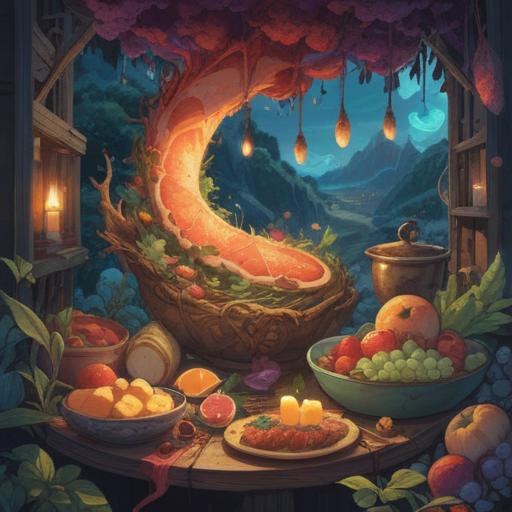 A serene and mystical scene depicting a dream where food symbolizes personal growth and spiritual nourishment, vibrant colors, ethereal elements, food items floating in a tranquil setting, dreamy landscape, soft lighting, emblematic of fulfillment and harmony, capturing the essence of spiritual awakening, 4k