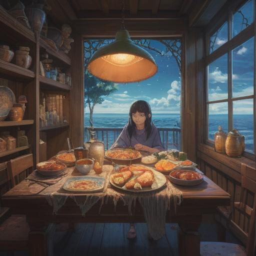 A serene dreamscape featuring a table filled with various delicious foods, surrounded by ethereal light, symbolic representations of spirituality like gentle waves and glowing orbs, an individual peacefully enjoying their meal, dreamlike colors and textures creating a calming atmosphere, soft details enhancing the sense of tranquility, 4k