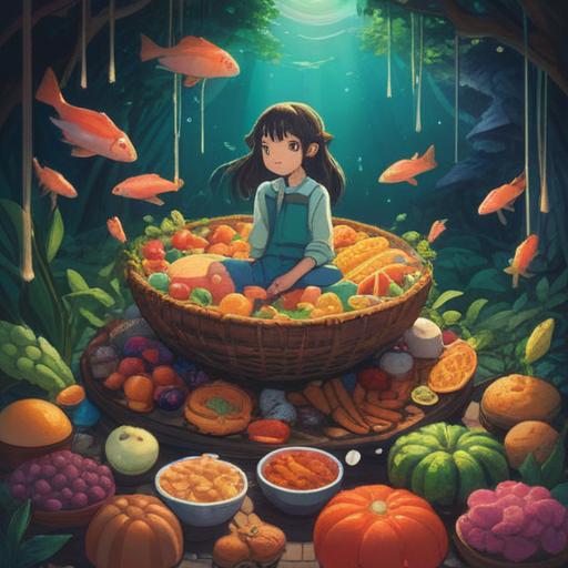 A serene illustration of a person dreaming, surrounded by floating food items symbolizing desires and abundance, a mystical aura with soft light, subtle hints of spiritual symbols like feathers and stars, a calm and introspective atmosphere, expressive facial features reflecting wonder, 4k