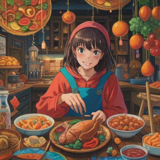 A vibrant illustration depicting a person joyfully indulging in a feast of colorful, dreamlike foods, surrounded by whimsical elements representing positivity, ethereal clouds, floating hearts, and uplifting symbols, soft light illuminating the scene, cheerful atmosphere, imaginative landscape, harmonious color palette, 4k